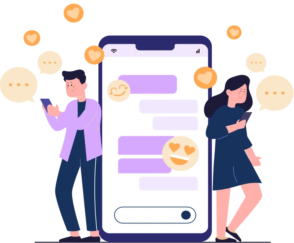 a man and woman standing next to a large cellphone